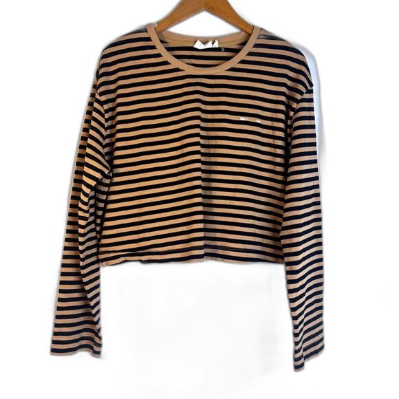 The Upside Tan & Black Striped Long Sleeve Crop 100% Cotton Shirt Size XL - Picture 1 of 10